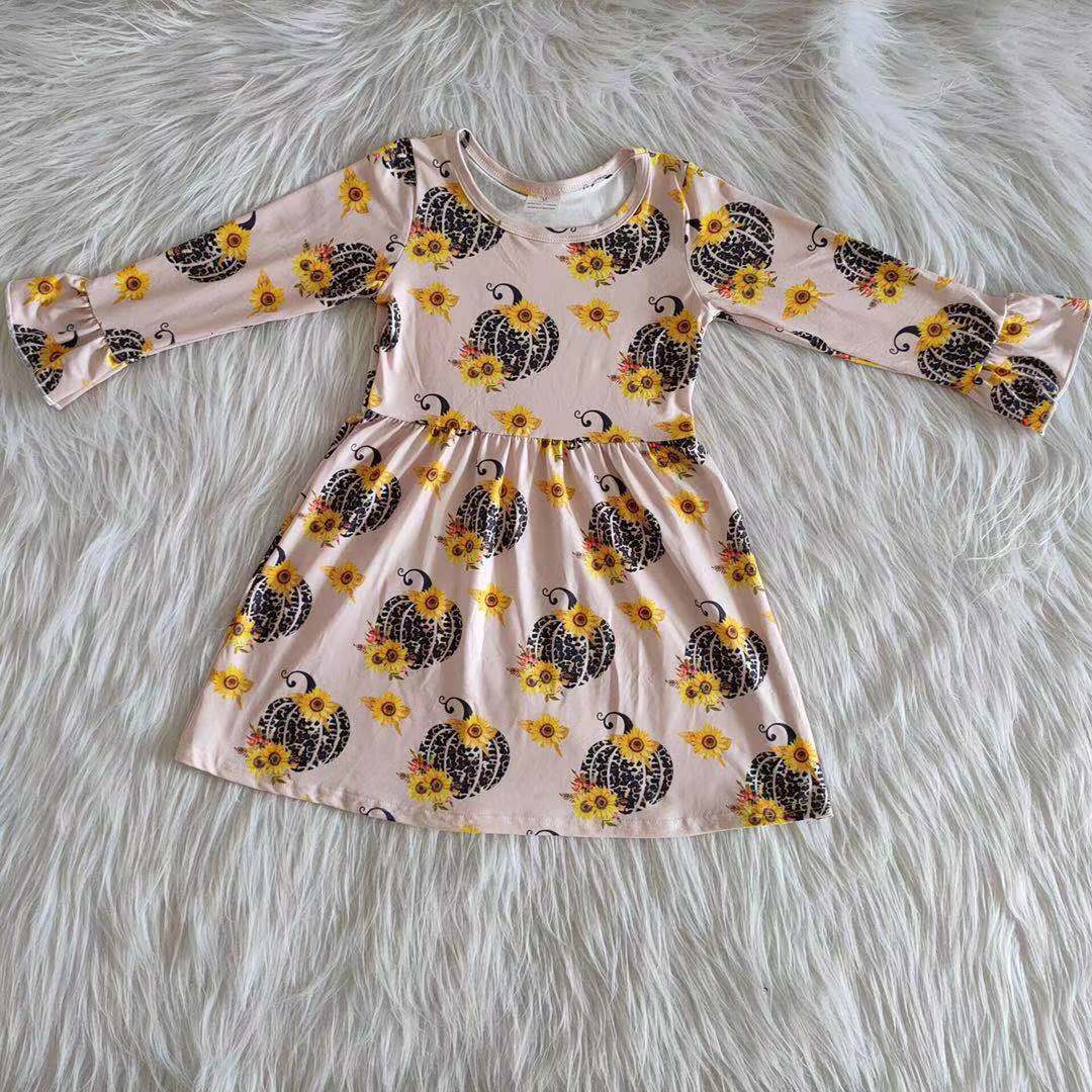 RTS NO MOQ ETA 5/7days 6 A20-16 Pumpkin Sunflower Long Sleeve Dress