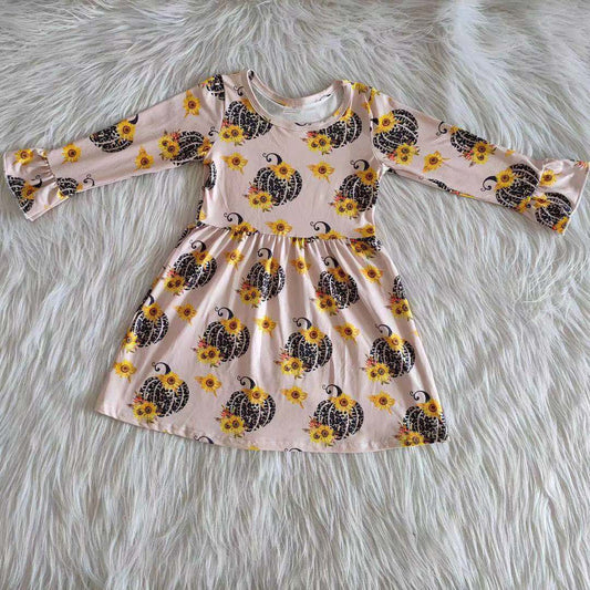 RTS NO MOQ ETA 5/7days 6 A20-16 Pumpkin Sunflower Long Sleeve Dress