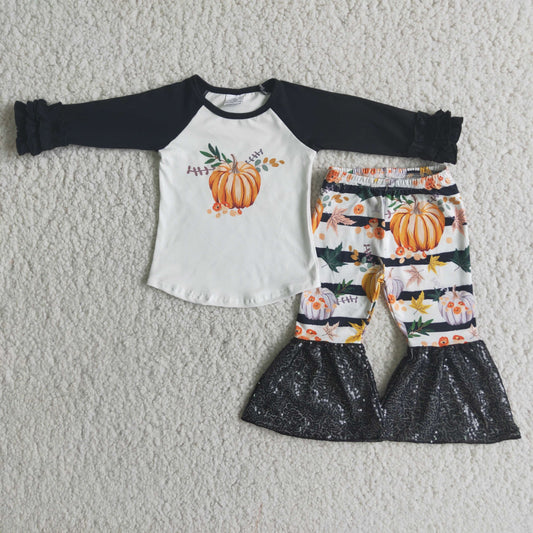 10.7 6 A20-29 Pumpkin top long sleeve black sequin flared pants