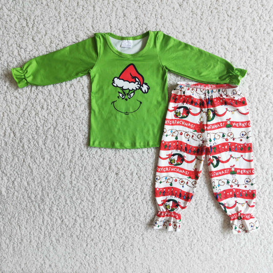 RTS NO MOQ ETA 5/7days Arrived 6 A20-4 Christmas grinch girl green long sleeve pant suit