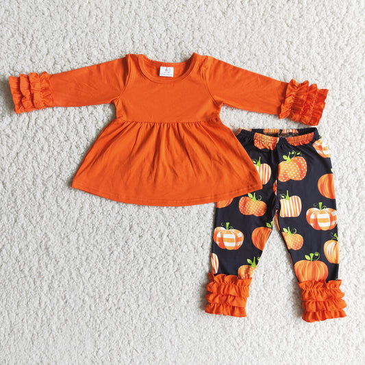 RTS NO MOQ（In Stock）6 A21-12 Orange top pumpkin lace pants suit