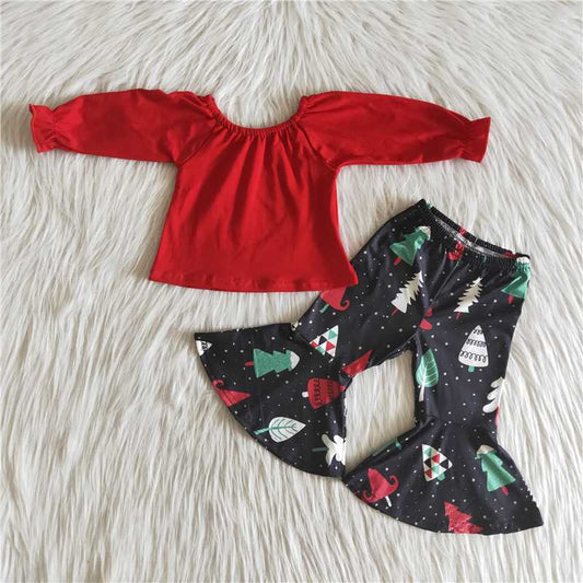 6 A24-5 kids clothing Girls Christmas Long Sleeve Long Pants Red Cartoon Print