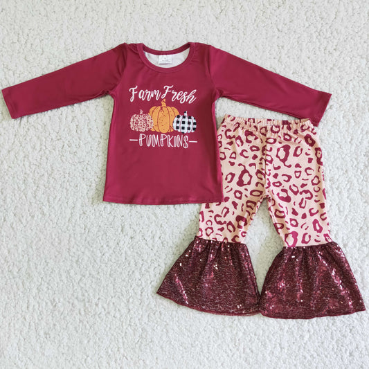 8.4 RTS NO MOQ（In Stock) 6 A25-14 Three-color pumpkin burgundy top burgundy sequined bell-bottom pants suit