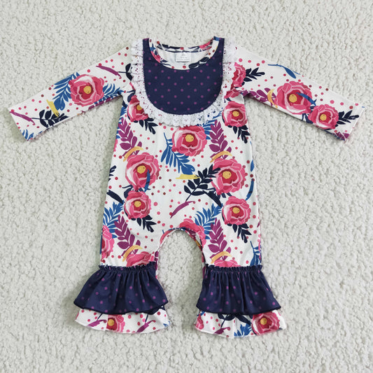 RTS NO MOQ（In Stock ) 6 A25-17 girl navy floral flower winter long sleeve romper-promotion