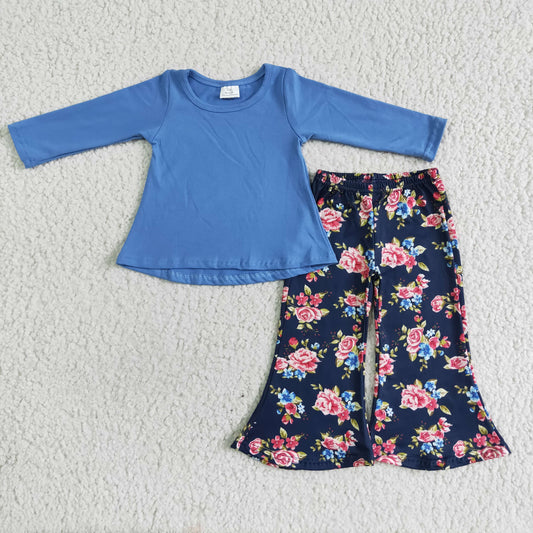 RTS NO MOQ ETA 5/7days Arrived 6 A25-3 Blue Top Printed Wide Leg Pants Set