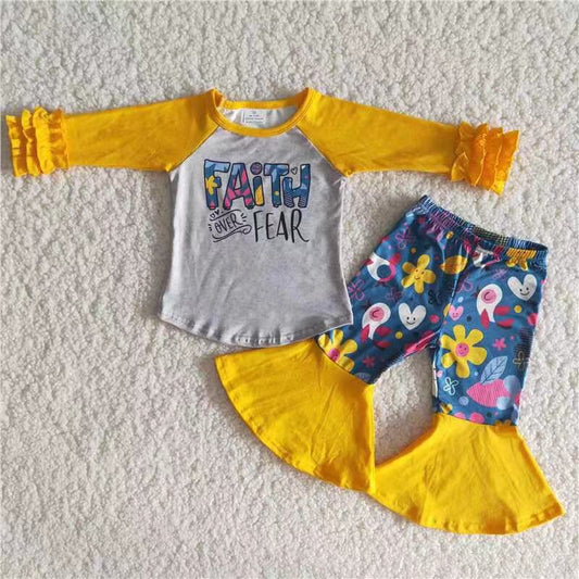 RTS NO MOQ ETA 5/7days arrived 6 A25-4 faith fear yellow long sleeve patchwork bell pants