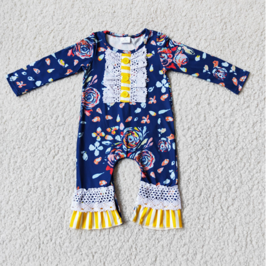 12.8 6 A26-3 girl navy floral yellow stripe winter long sleeve romper-promotion