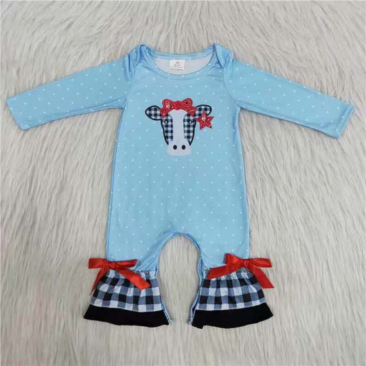8.4 RTS NO MOQ(In Stock) 6 A27-2-1 Bowknot plaid bull head blue long-sleeved one-piece