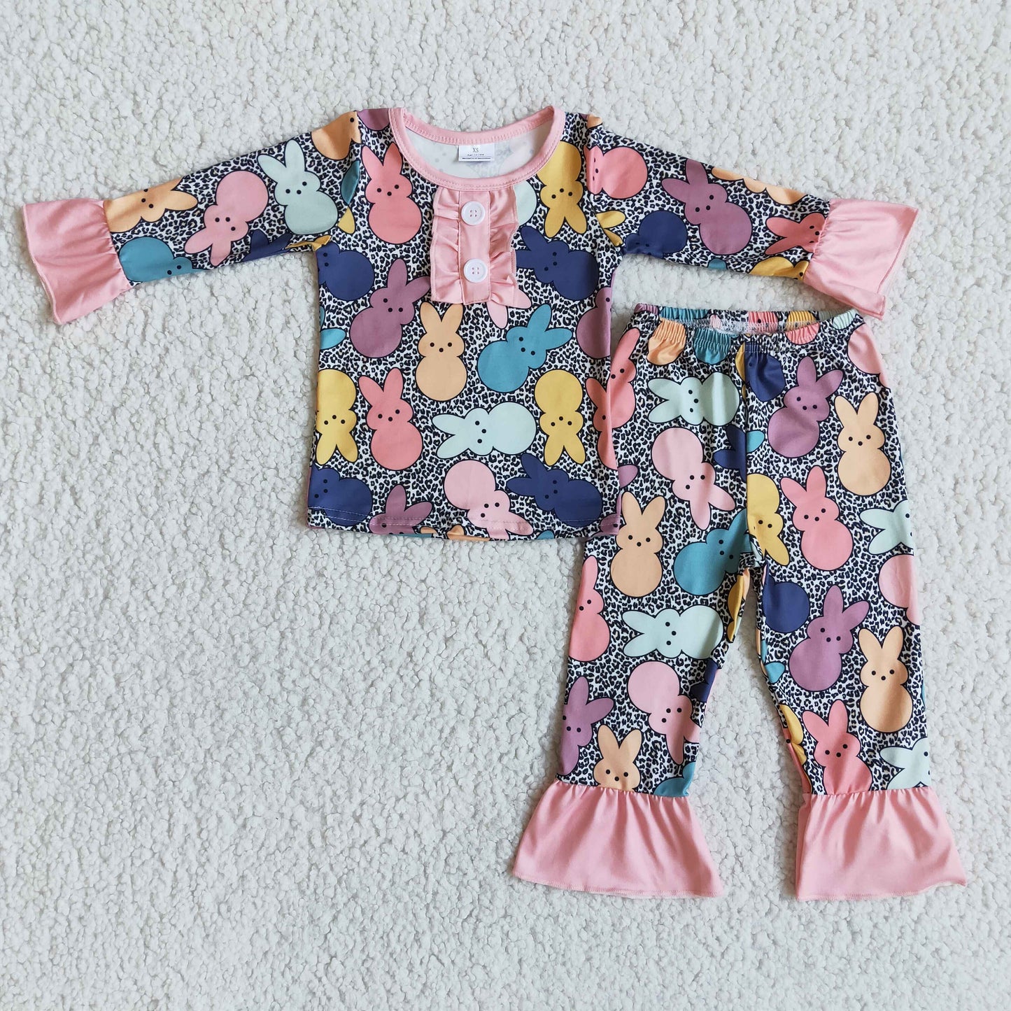 6 A29-18 Girls Easter Colorful Bunny Long sleeved pant pajama set