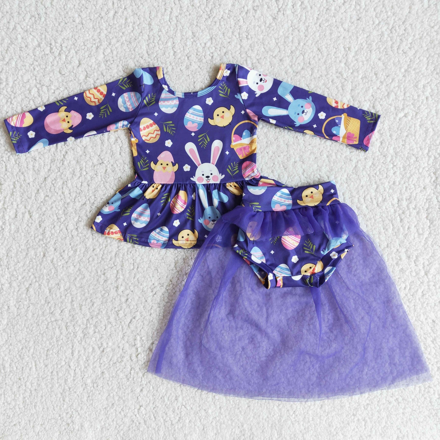 RTS NO MOQ（In Stock) 6 A29-29 Easter Bunny & Chick Long-sleeved Purple Mesh Triangle Panties Set