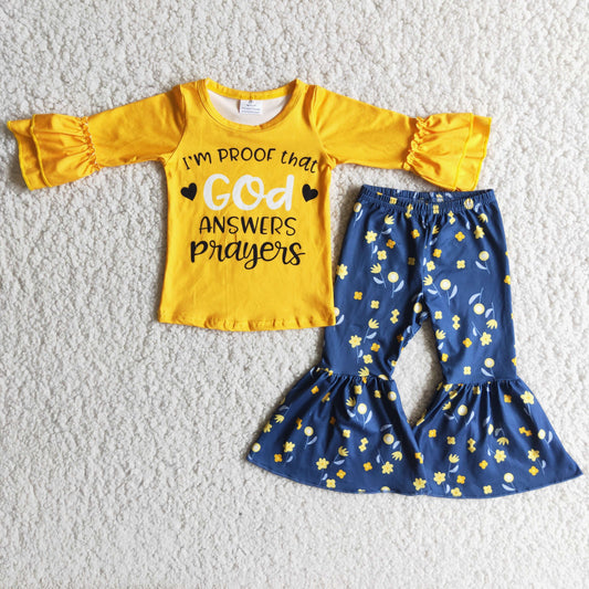 11.17 RTS NO MOQ（In Stock) 6 A3-30 2 pcs god pattern dress lace top with bell bottom pants girl outfits