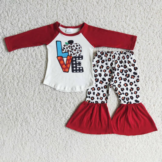 8.4 RTS NO MOQ（In Stock) 6 A4-29 LOVE letter long-sleeved top red leopard print bell bottoms
