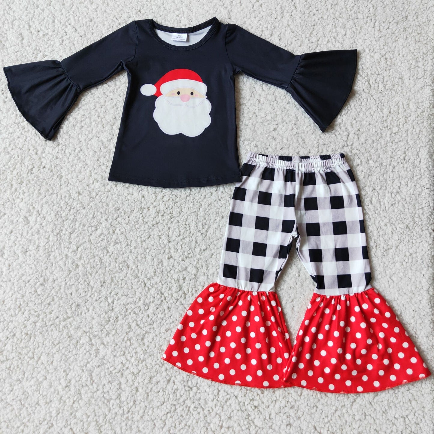 11.3 RTS NO MOQ（In Stock) 6 A8-14 Christmas Black Bell Sleeve Top Plaid Polka Dot Flared Pants Set