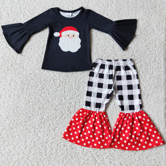 11.3 RTS NO MOQ（In Stock) 6 A8-14 Christmas Black Bell Sleeve Top Plaid Polka Dot Flared Pants Set
