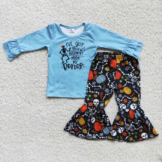 8.16 RTS NO MOQ（In Stock）6 A8-26 girls Halloween outfit long sleeve and long pants pumpkin print