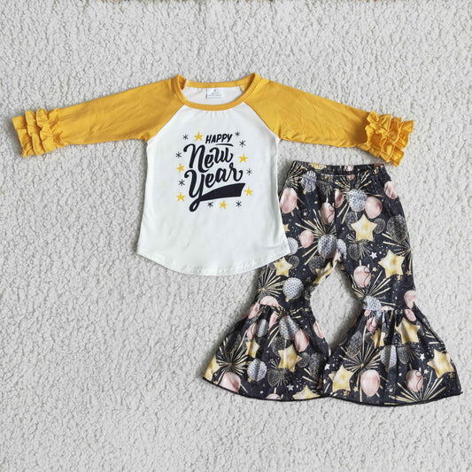 11.25 RTS NO MOQ(In Stock) 6 B11-2 girls outfit long sleeve and long pants cartoon print happy new year