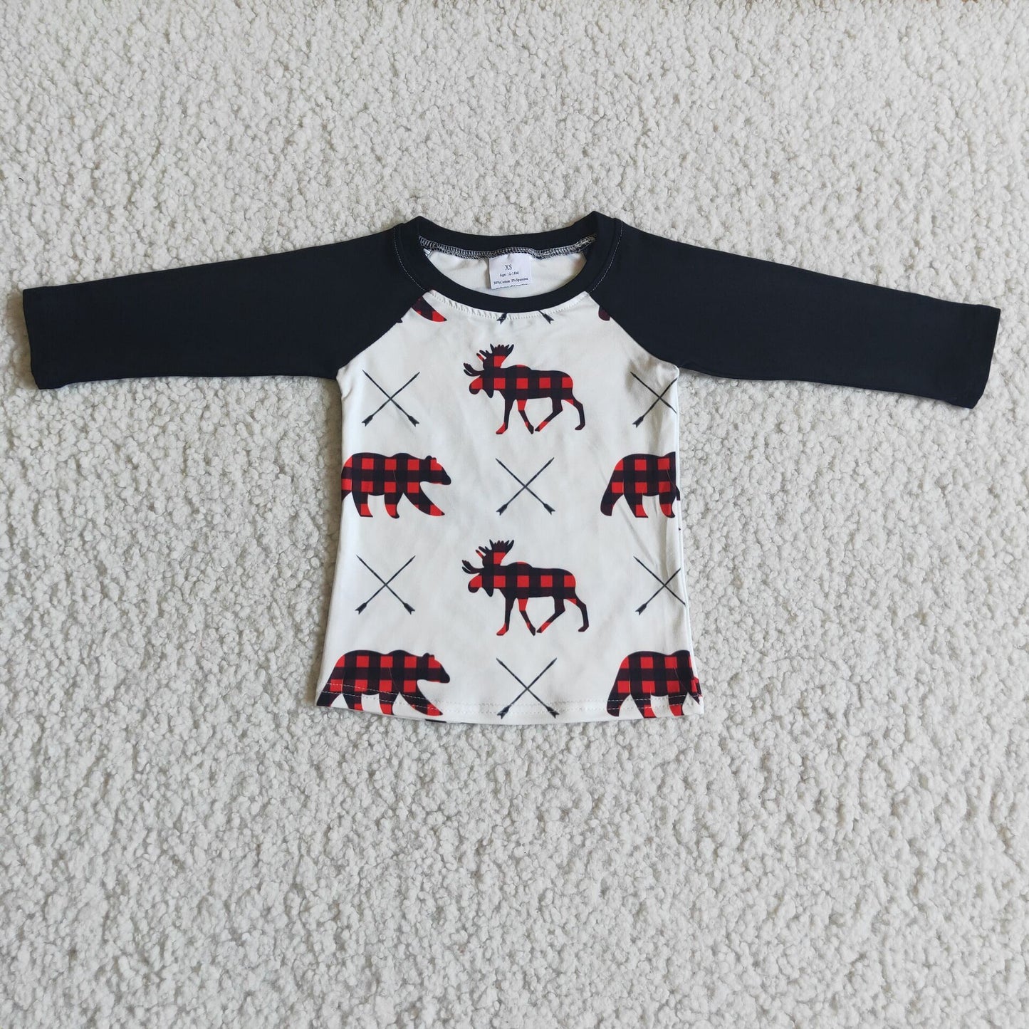 11.3 RTS NO MOQ（In Stock) 6 B6-32 Plaid Bear Black Long Sleeve Boys Top