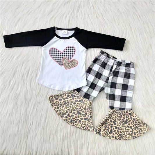 12.22 6 B7-23 kids clothes girls heart plaid bell bottom set valentines day outfits-promotion