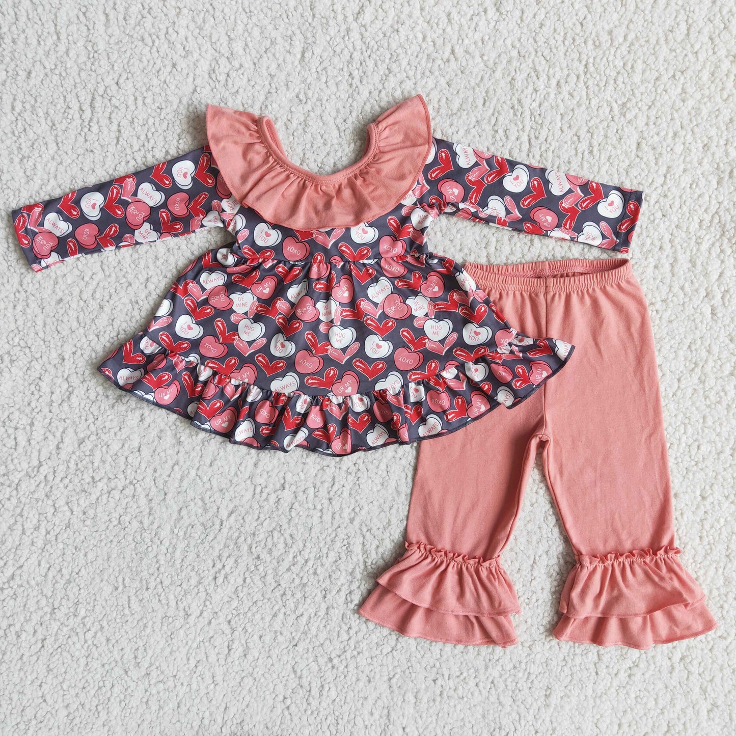 RTS NO MOQ（In Stock) baby girls clothes Valentine's Day love heart top pink pants set
