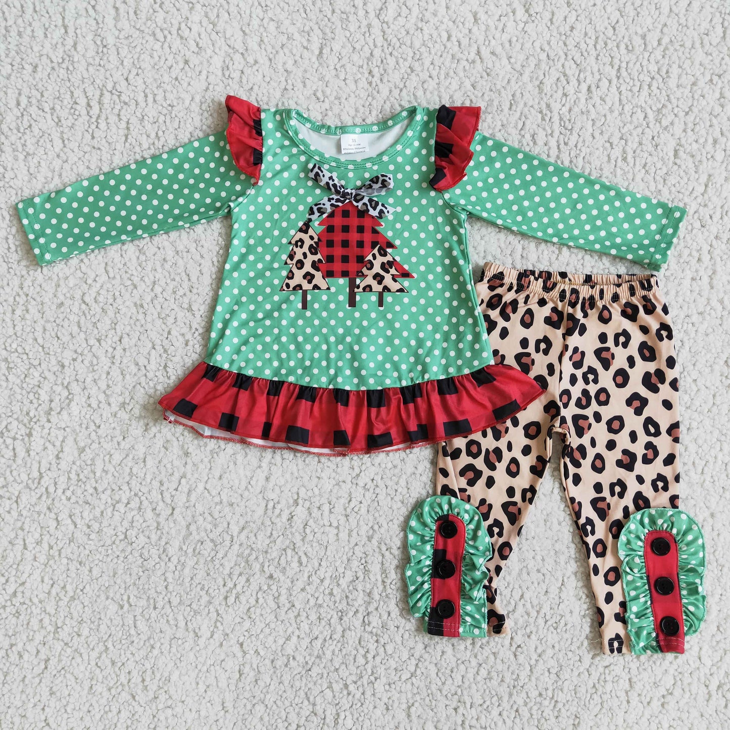11.10 RTS NO MOQ（In Stock ) 6 B8-17 Plaid Leopard Christmas Tree Polka Dot Green Long Sleeve Suit