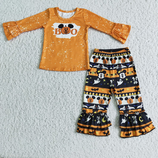 10.7 6 B8-40 Halloween Pumpkin Lace Cuff Long Sleeve Top and Flared Pants Suit