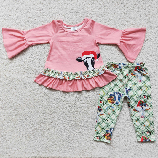 10.18 6 C10-30 girls christmas outfit long sleeve and long pants cow print