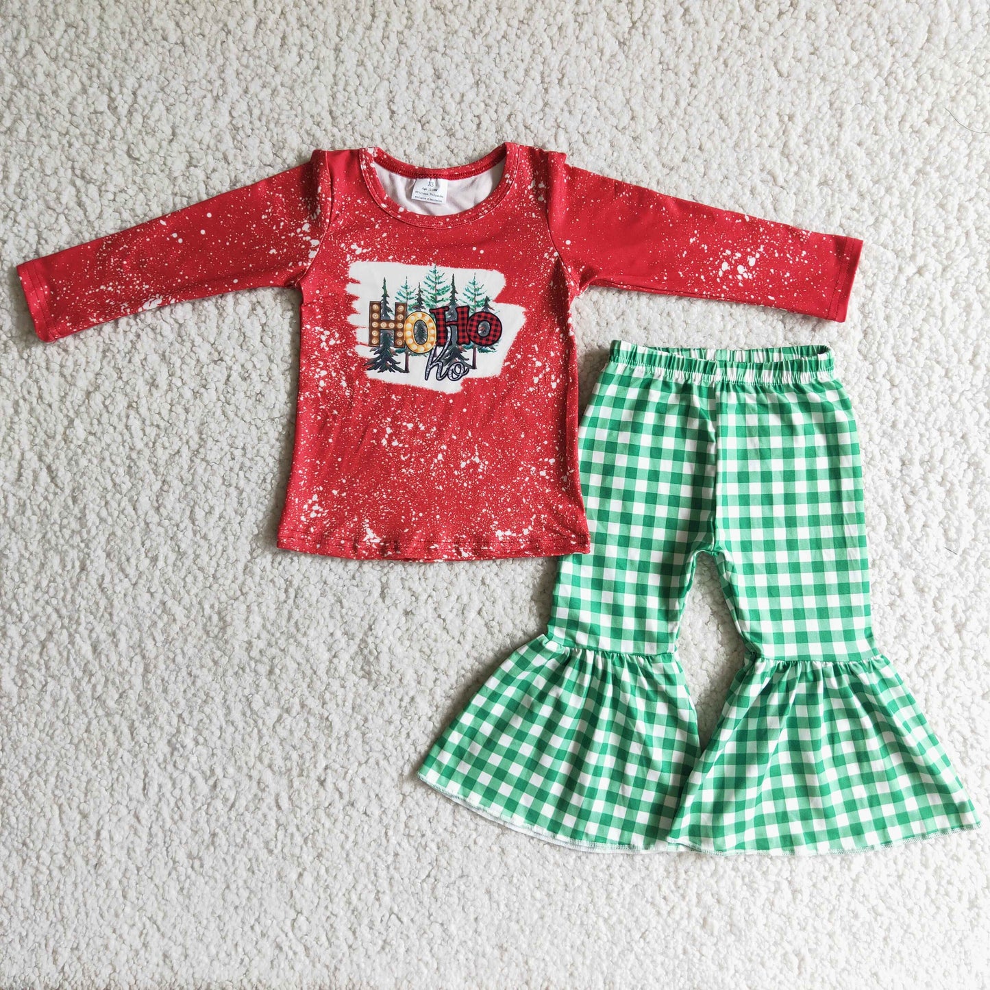 10.27 RTS NO MOQ 6 C10-9 HOHO red long-sleeved top green plaid bell pants suit