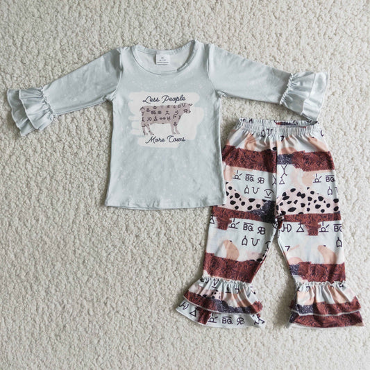 11.25 RTS NO MOQ（In Stock) 6 C11-20 Cartoon cow gray long-sleeved top ruffled trousers suit