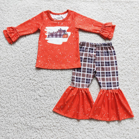 8.4 RTS NO MOQ（In Stock) 6 C7-18 Pumpkin Orange Top Plaid Flared Pants Suit