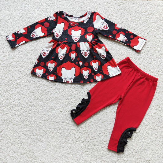 6 C7-23 Halloween Clown Long Sleeve Top Red Pants Set