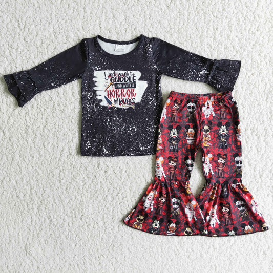 9.1 RTS NO MOQ 6 C7-39 HORROR black long-sleeved top Halloween Mickey bell pants suit