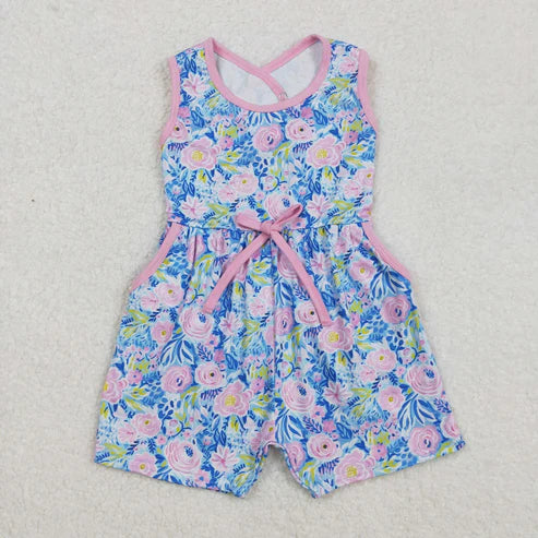 10.31 Sibling Baby Girls Sleeveless Flowers Bows Pockets Shorts Jumpsuits