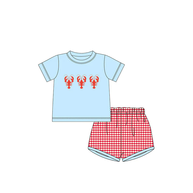 BSSO1161 Baby Boys Crawfish Blue Shirt Checkered Shorts Clothes Sets Preorder