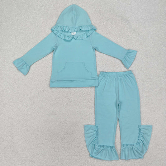 GLP2057 Baby Girls Aqua Hooded Ruffle Top Bell Pants Clothes Set