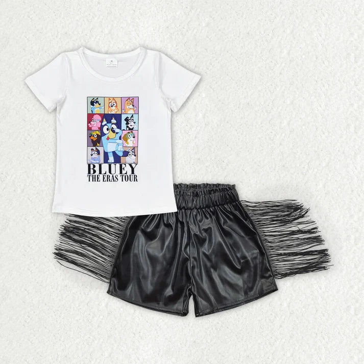 SS0094 Baby Girls Dog Shirts Tops Leather Black Tassel Shorts Clothes Sets