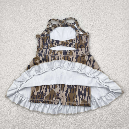 4.30 Sibling Baby Girls Strap Bows Floral Camo Print Yoga Activity Wear Ruffle Knee Length Dresses