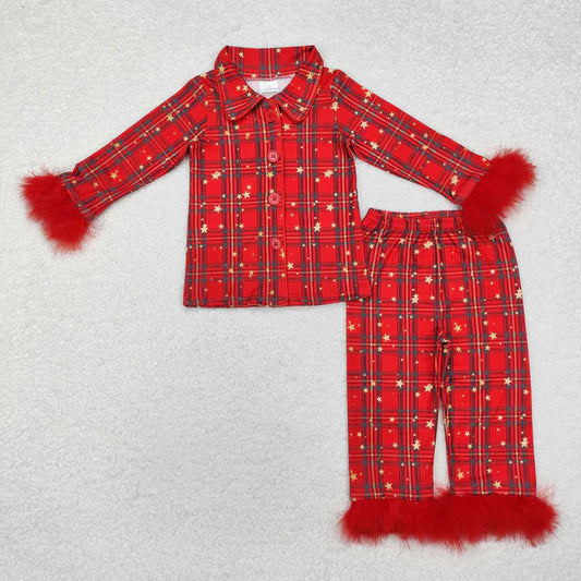 GLP0956 Baby Girls Christmas Green Red Plaid Button Ups Shirt Pants Pajamas Clothes Set