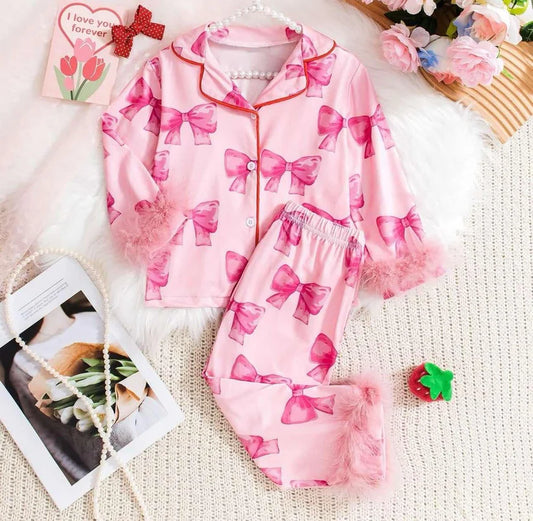 GLP2289 Baby Girls Pink Bows Fur Buttons Shirt Pants Pajamas Clothes Sets Preorder