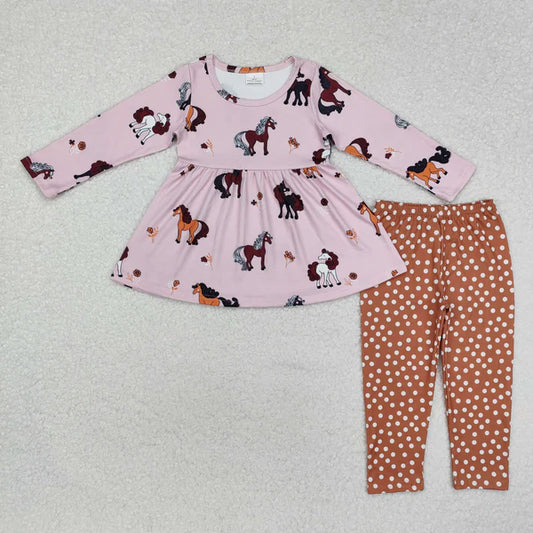 GLP2072 Baby Girls Horses Ruffle Tunic Top Legging Clothes Set