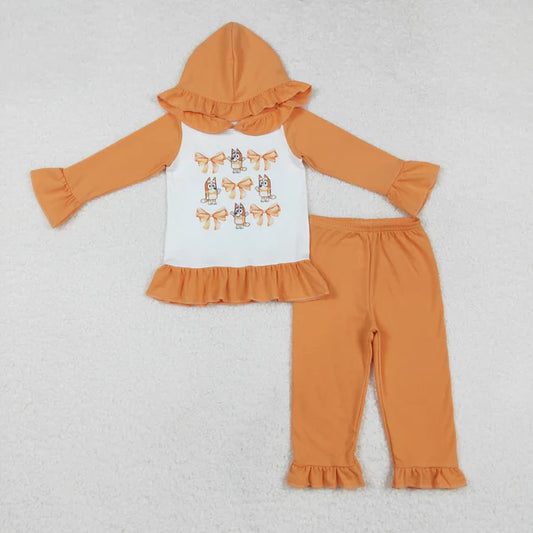 GLP1948 Baby Girls Orange Dogs Bow Hooded Top Pants Clothes Set