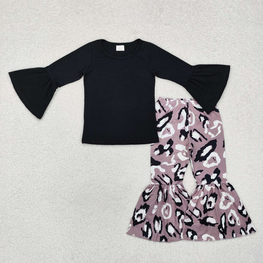 GLP1970 Baby Girls Black Tops Leopard Bell Pants Clothes Set