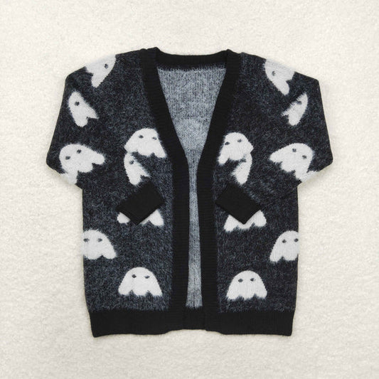 GT0649 Girls Halloween Ghost black long-sleeved cardigan sweater