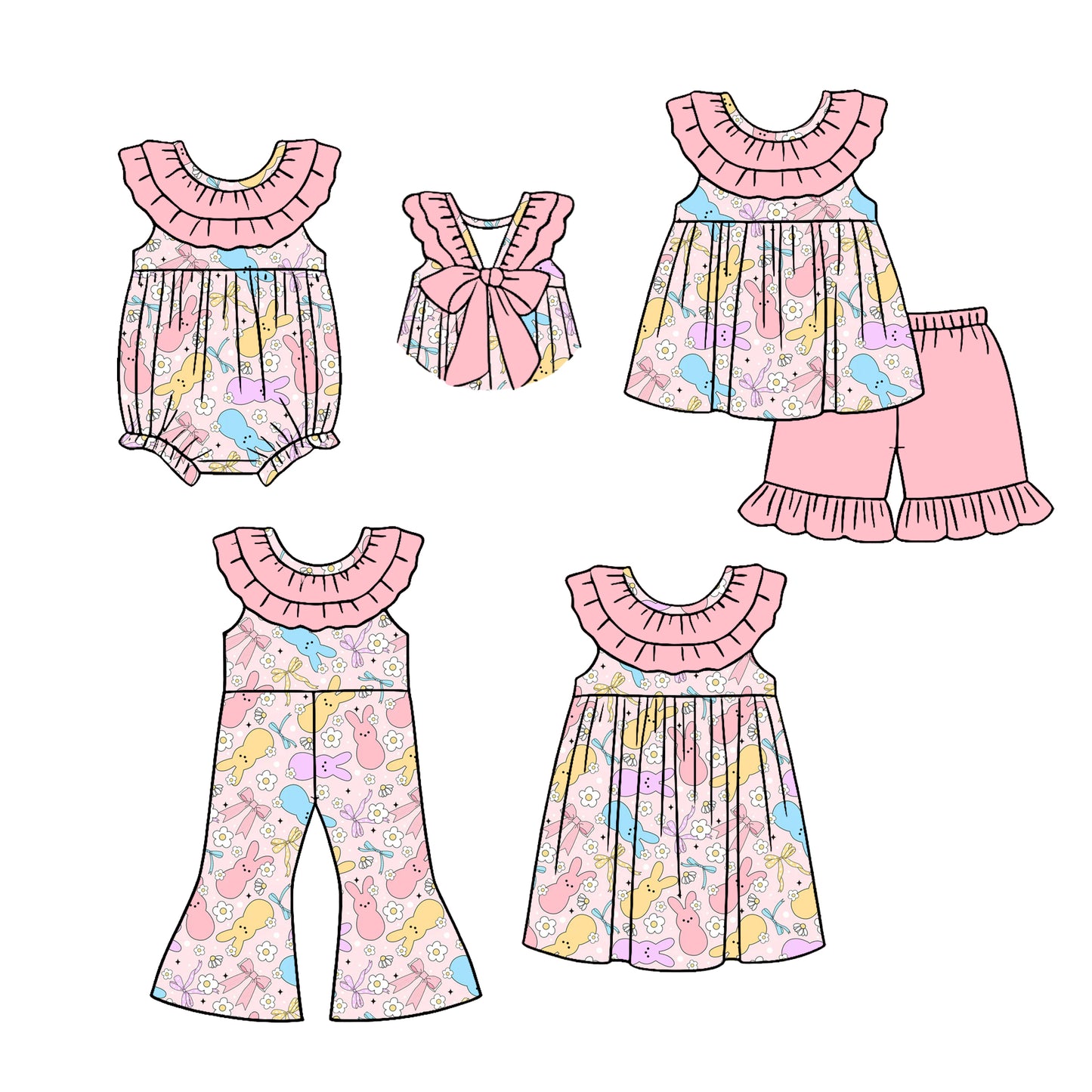 26.1.1 Custom MOQ:3 or 5 pcs each design milk silk Sibling baby girl clothes easter bunny bow short sleeve shorts sets and dress and romper and jumpsuit