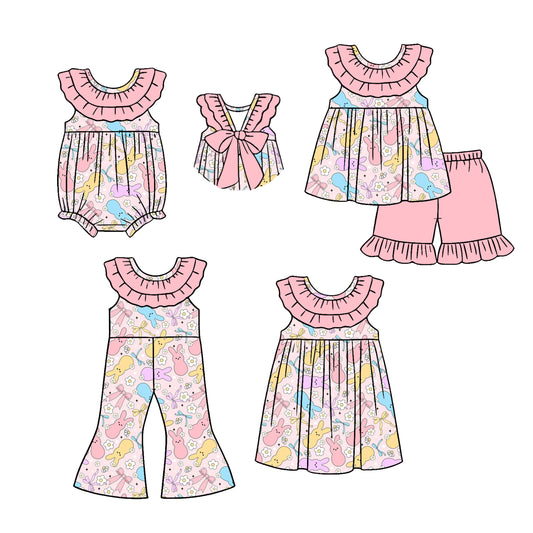 26.1.1 Custom MOQ:3 or 5 pcs each design milk silk Sibling baby girl clothes easter bunny bow short sleeve shorts sets and dress and romper and jumpsuit