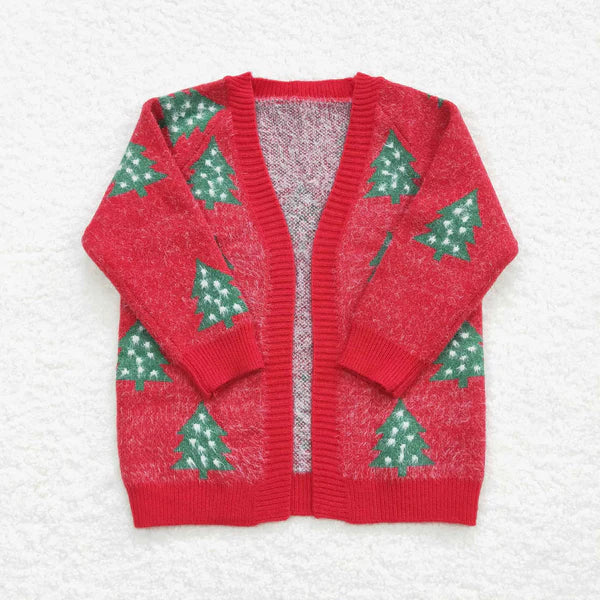 GT0356 White Polka Dot Christmas Tree Red Long Sleeve Sweater Cardigan