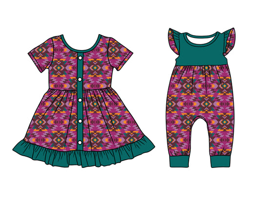 26.1.2 Custom MOQ:3 or 5 pcs each design milk silk Sibling baby girl clothes geometric short sleeve dress and romper