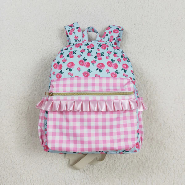 BA0217 Floral pink plaid blue backpack