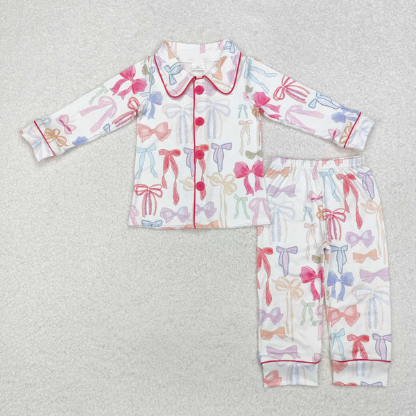 GLP2076 Baby Girls Colorful Bows Buttons Top Pants Pajamas Clothes Set