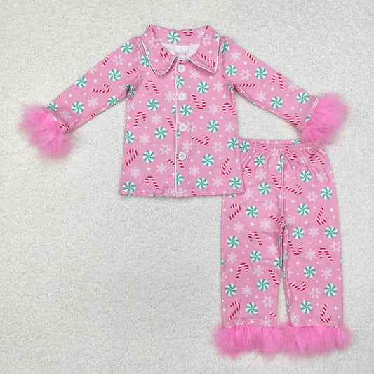 GLP2025 Baby Girls Christmas Balls Fur Tops Pants Pajamas Clothes Set