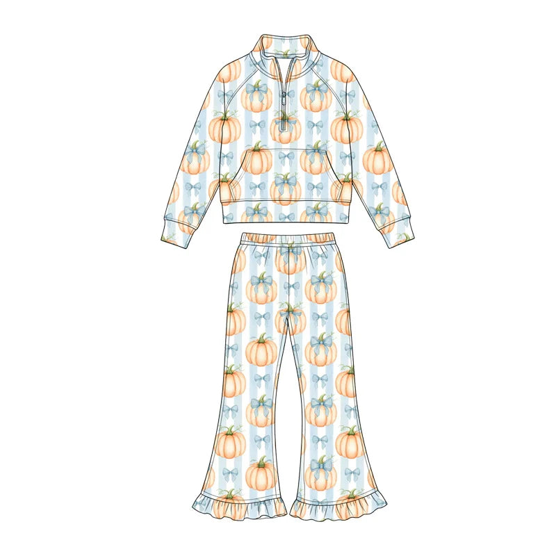 7.25 design Baby Girls Bows Pumpkins Zip Pocket Pullover Top Bell Bottom Pant Fall Clothes Sets